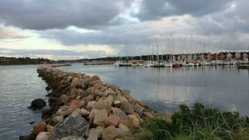 A marina with boats docked, a rocky breakwater, and a calm water body.