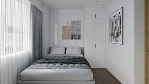 A modern bedroom with a large bed, a window with sheer curtains, a painting, and a framed picture on the wall. - Happy Home (Quan Trieu)