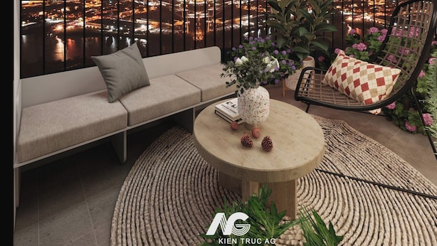 A balcony with a cityscape view, a sofa, a round table, and hanging lights. - Happy Home (Quan Trieu)