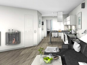 A modern apartment with a living room, dining area, and kitchen. There is a sofa, a coffee table with a bowl of apples, and a small plant.