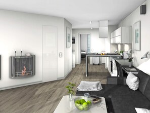 A modern apartment with a living area, kitchen, and dining space.