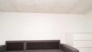 A grey sofa with two cushions against a plain white wall and a white cabinet. - 4 Person Holiday Home in Slagelse (Slagelse)
