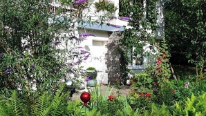 A garden with various plants and flowers, a stone wall, and a building with a white facade. - Trappen Comfortable Holiday Residence (Birresborn)