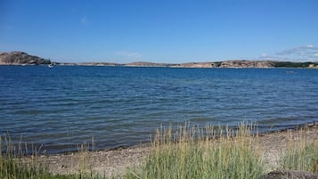 A calm lake with grassy shores and distant rocky outcrops.