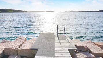 A wooden pier leading into a calm body of water with a clear sky above.