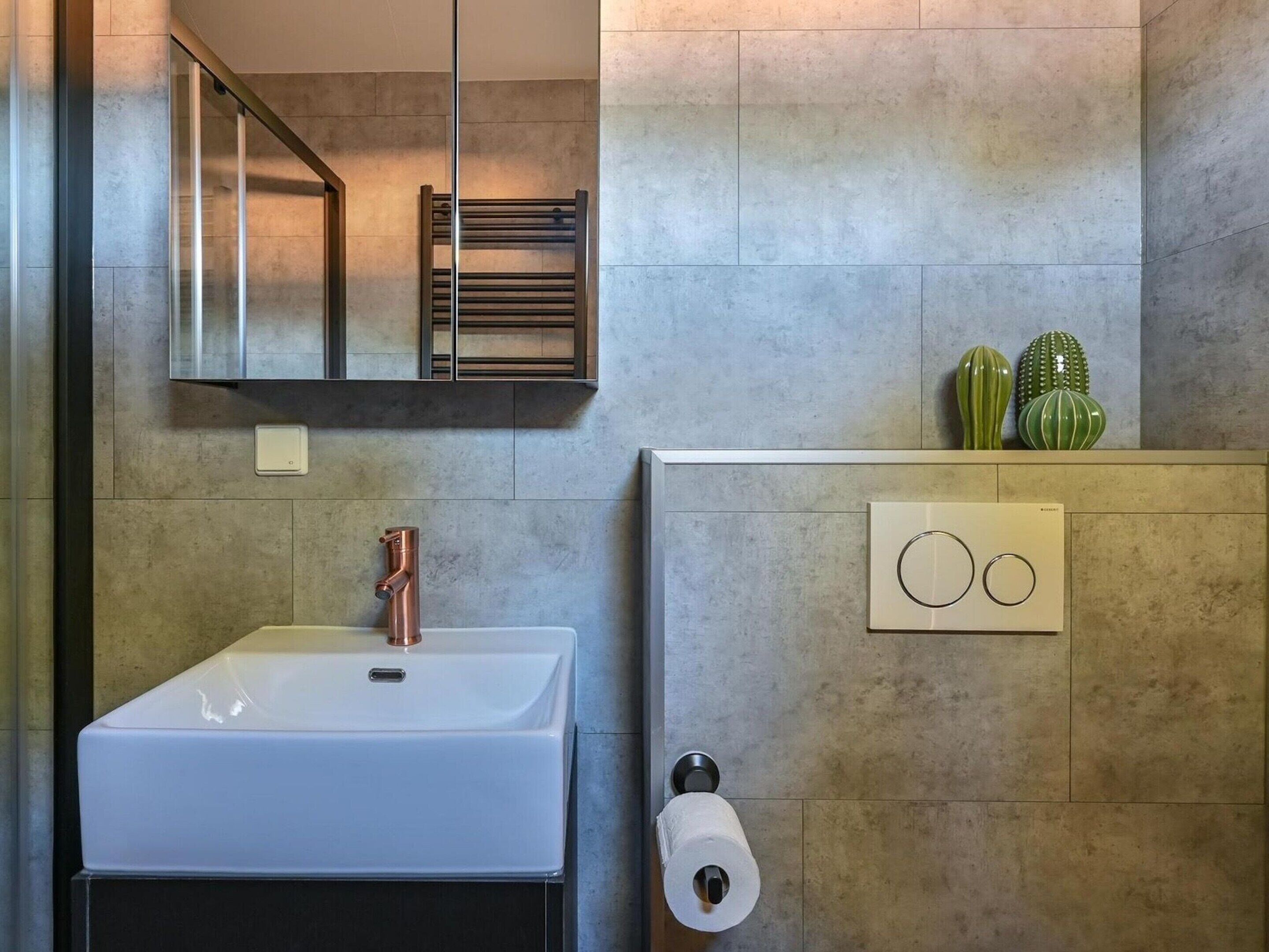 A bathroom with a white sink, a mirror, a towel rack, and a toilet paper holder.