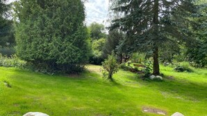 A serene garden with large rocks, a small pond, and lush greenery. - Yellow House Modern Retreat (Cesky Jiretin)