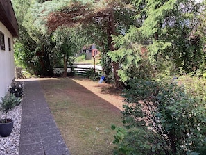A pathway leading to a building with a fenced yard and trees.