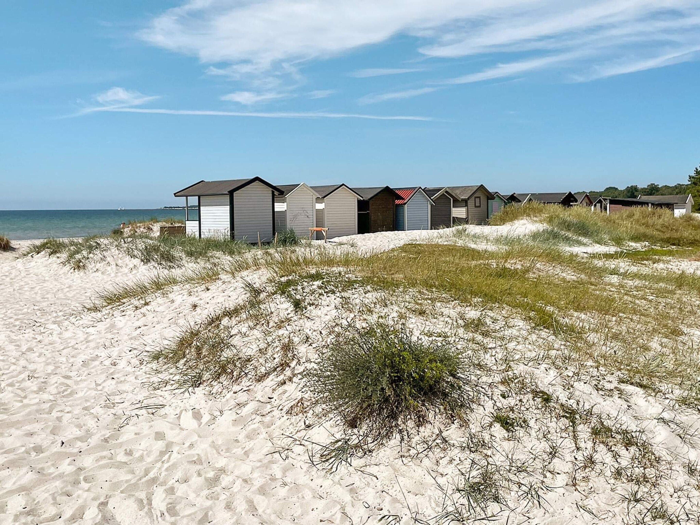 A row of beach huts with a sandy beach and dunes in the foreground.