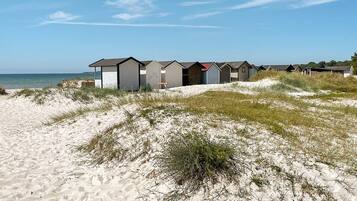 A row of beach huts with a sandy beach and dunes in the foreground.
