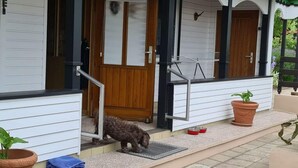 A house with a porch, a dog, and potted plants. - Haus Elfi Modern Retreat (Lutherstadt Eisleben)