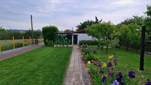A well-maintained garden with a paved pathway leading to a small structure, surrounded by lush greenery and flowering plants. - Haus Elfi Modern Retreat (Lutherstadt Eisleben)