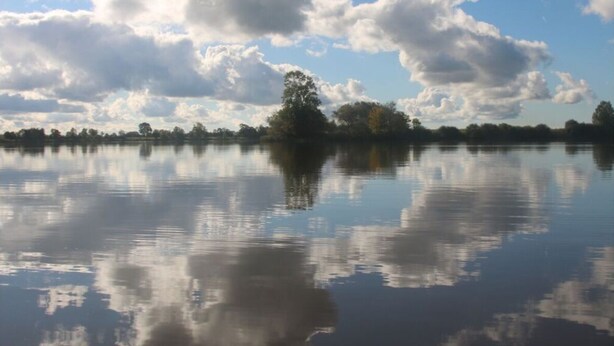 A calm lake with reflections of clouds and trees. - Cozy Apartment on the Canal (Friedrichstadt)