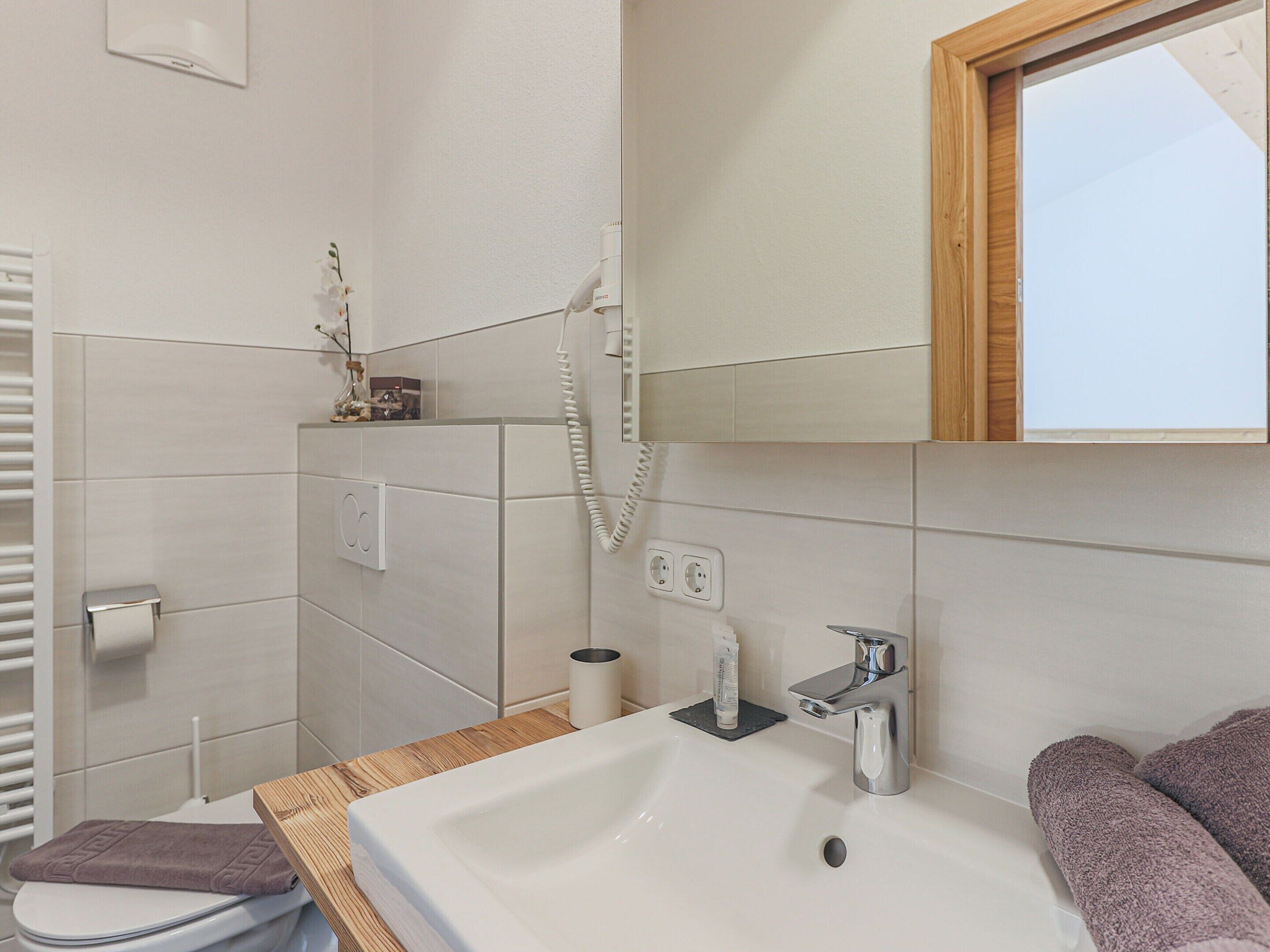 Een badkamer met een witte wastafel, een spiegel, een douche en een toilet.