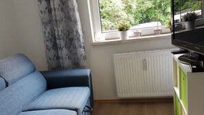 Une pièce avec un canapé bleu, un radiateur, un téléviseur et une fenêtre donnant sur un paysage verdoyant.