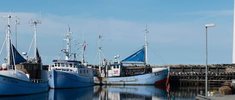 A marina with several boats docked, including a blue boat named "M/S Anton" and another named "A 8149".