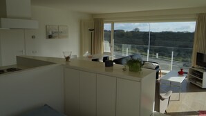A modern apartment with a kitchen, dining area, and living room. It features large windows with a view of a road and greenery. - Apartment in Nieuwpoort With Terrace (Nieuwpoort)