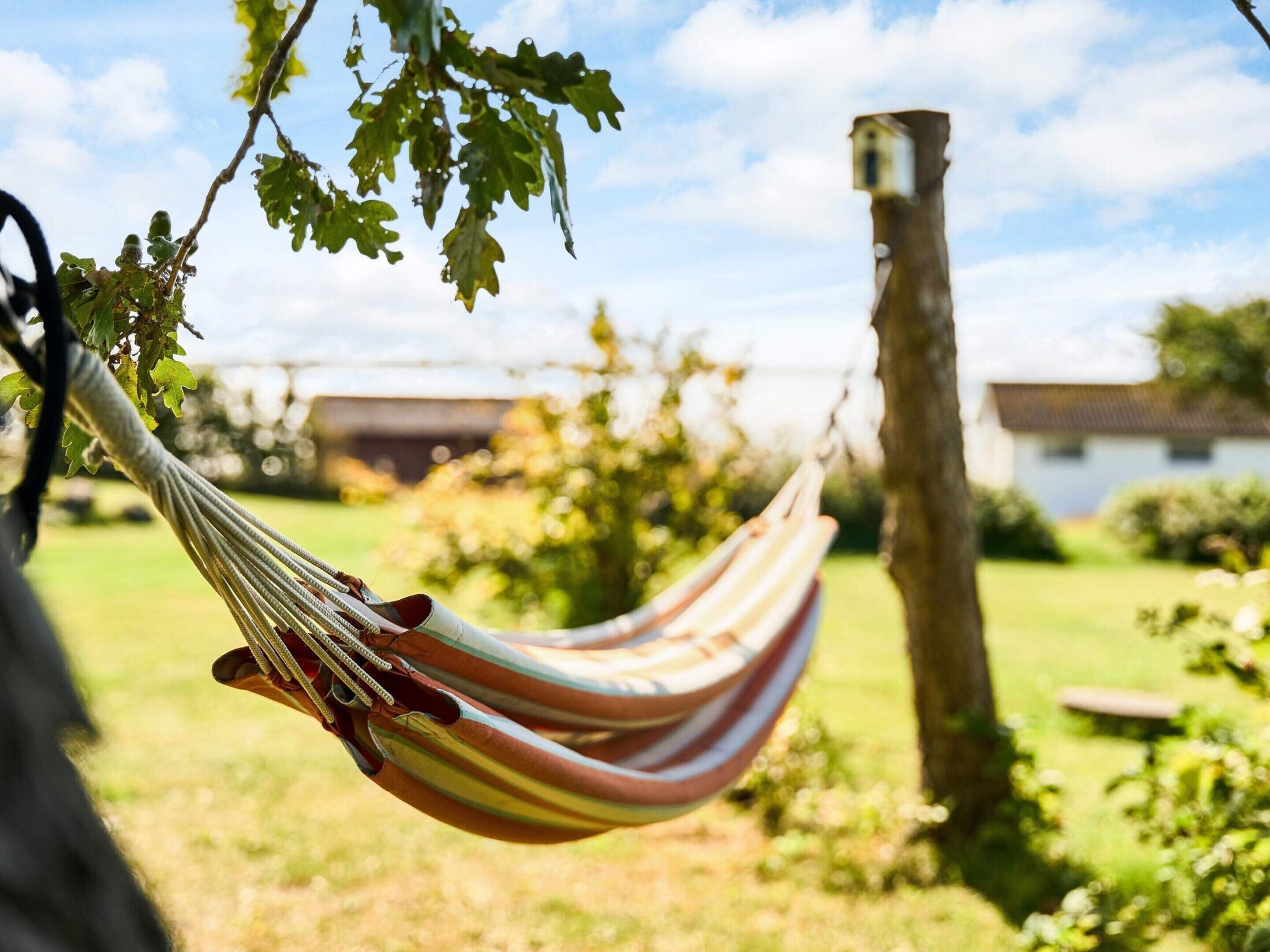 A hammock hanging from a tree in a grassy area with a building in the background.
