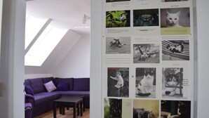 Een kamer met een paarse bank, een klein tafeltje en een dakraam.