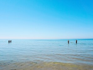 En strand med rolige bølger og klare himmelstrøg.