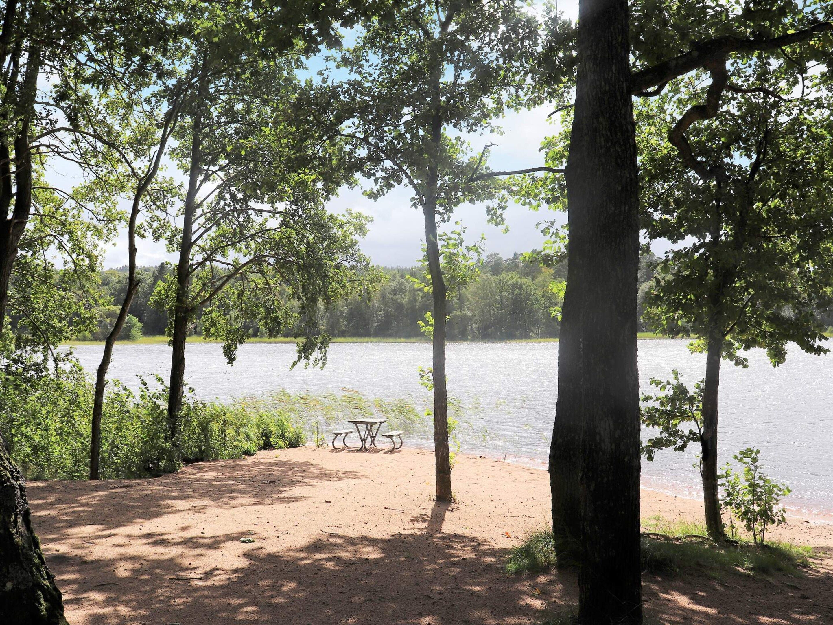 A campsite with a picnic table and benches by a lake surrounded by trees.