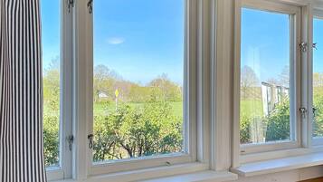 Una habitación con tres ventanas amplias, cada una con marco blanco y vista a un paisaje verde con árboles y cielo despejado.