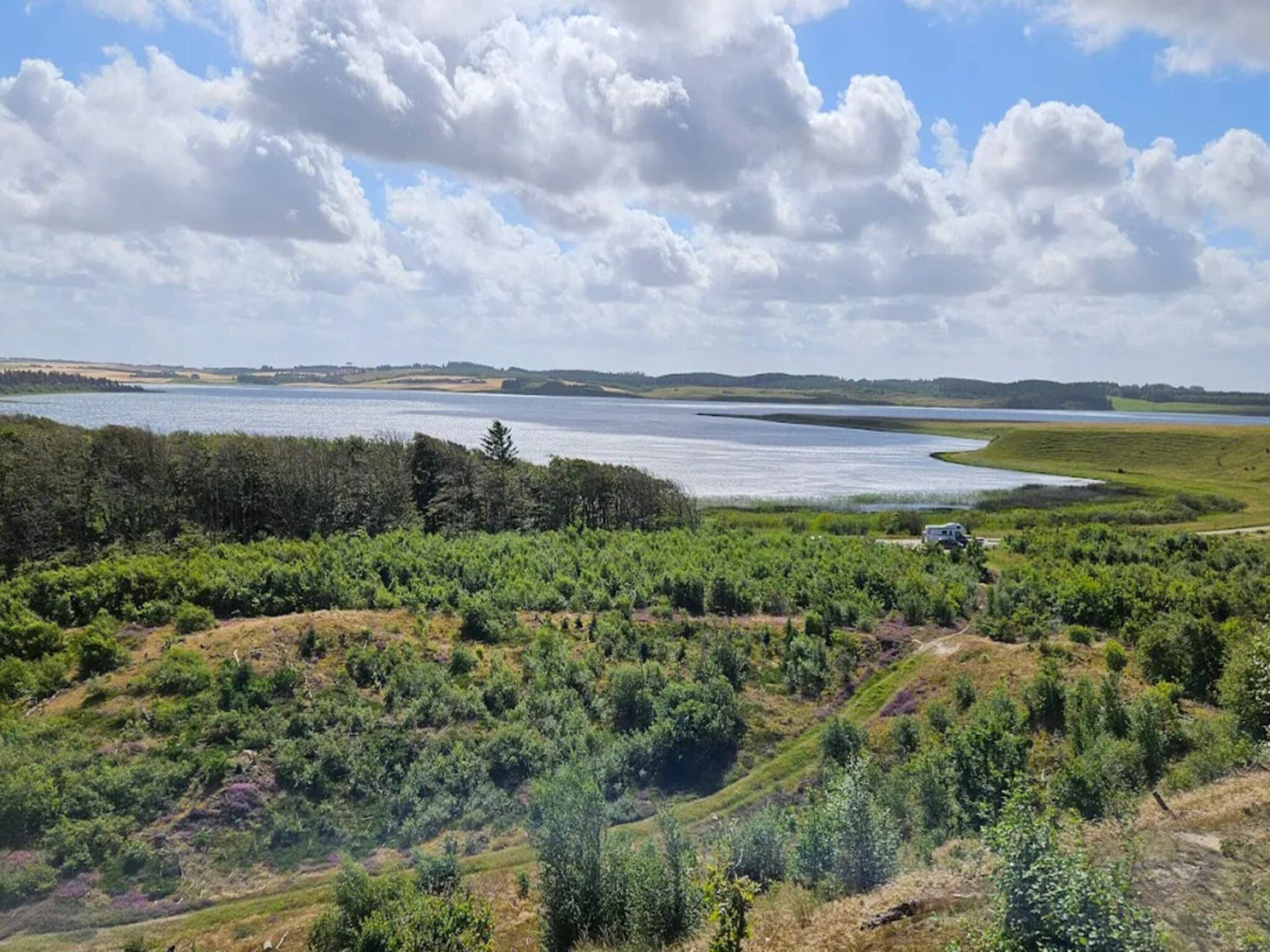 Un paysage naturel comprenant un lac, une zone boisée et un ciel dégagé.