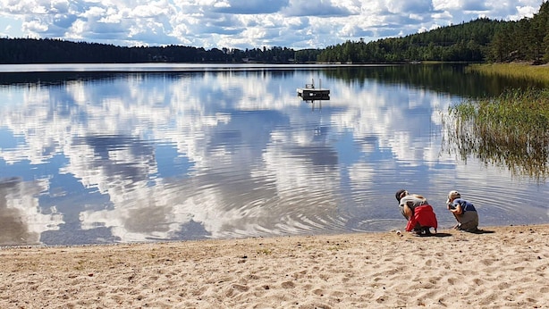 A calm lake with a dock and a boat, surrounded by a forested shoreline. - 4 Star Holiday Home in Halden (Halden)