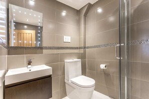 A modern bathroom with a glass shower enclosure, a white sink, and a toilet.