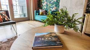 A book titled "Texas Hill Country" on a wooden table with a potted plant beside it.