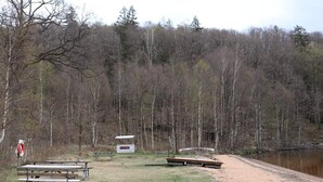A lakeside picnic area with benches, a small shelter, and a dock extending into the water. - 4 Person Holiday Home in Karl Gustav (Karl Gustav)