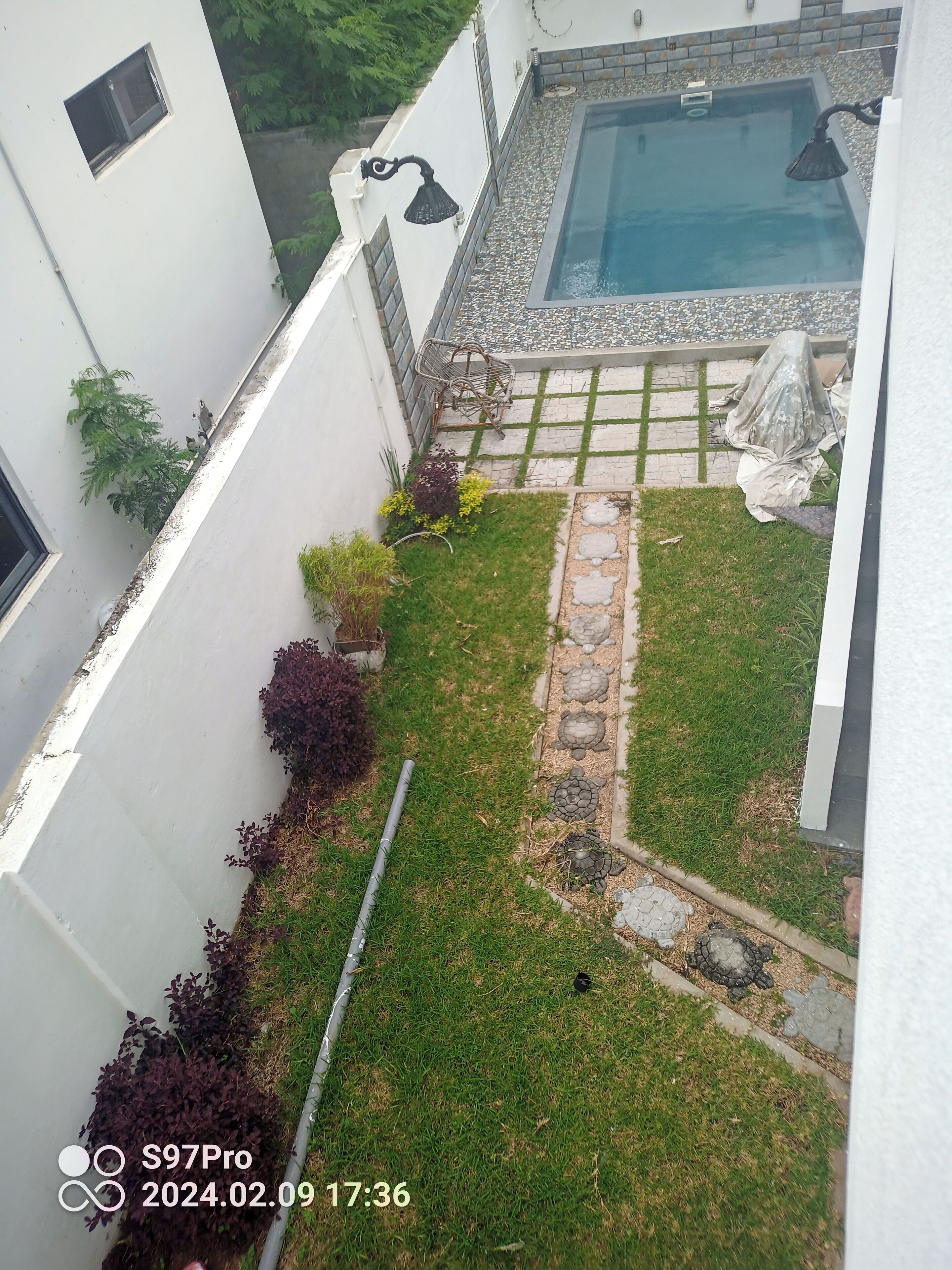 Et tagområde med swimmingpool, en lille have, en pergola og et overdækket siddeområde.