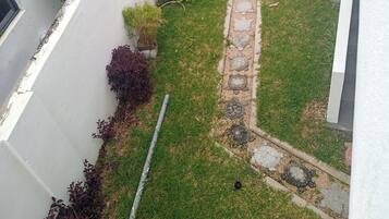 Et tagområde med swimmingpool, en lille have, en pergola og et overdækket siddeområde.