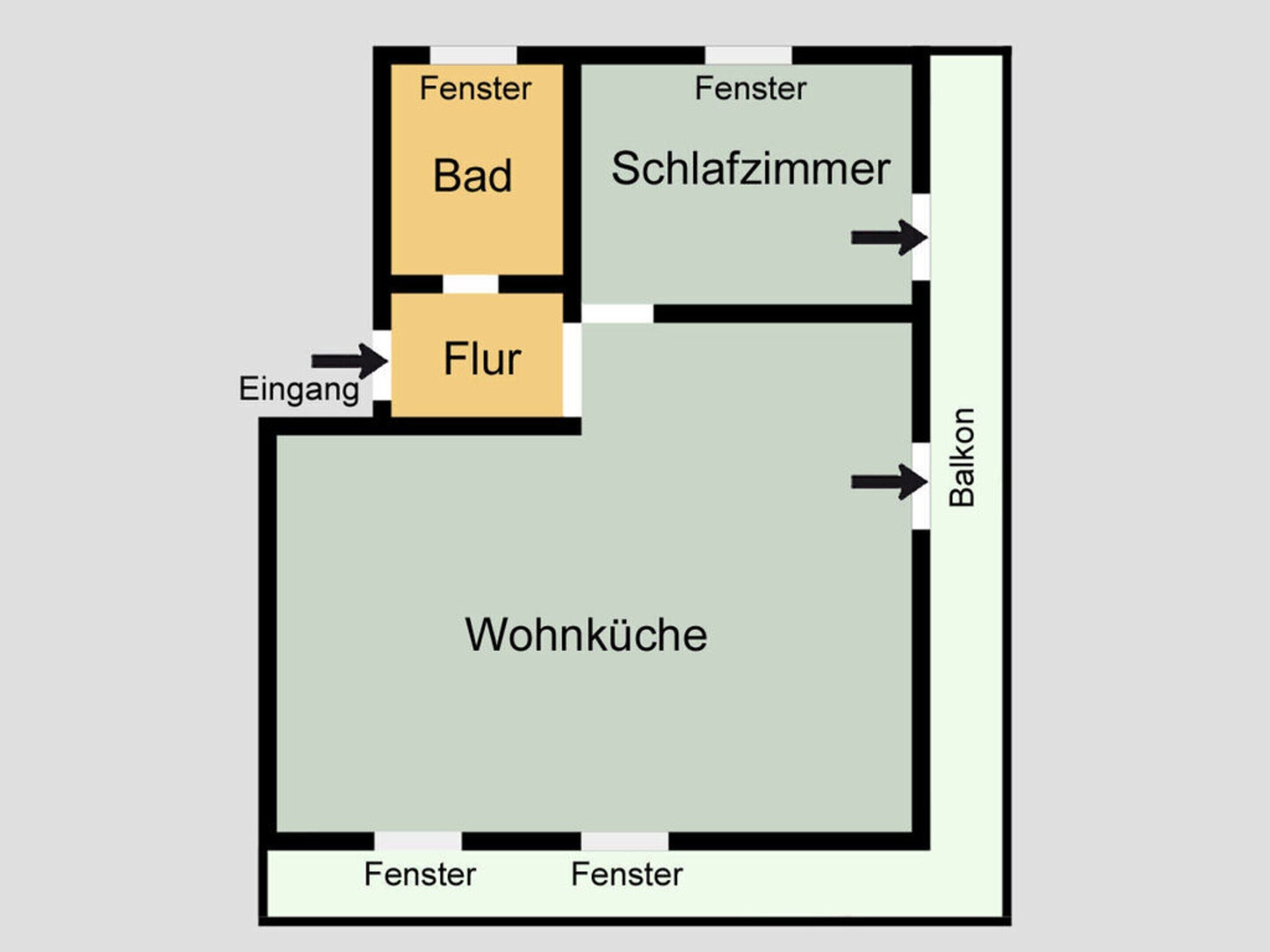 A hotel layout with a living room, balcony, and a bathroom with a shower.