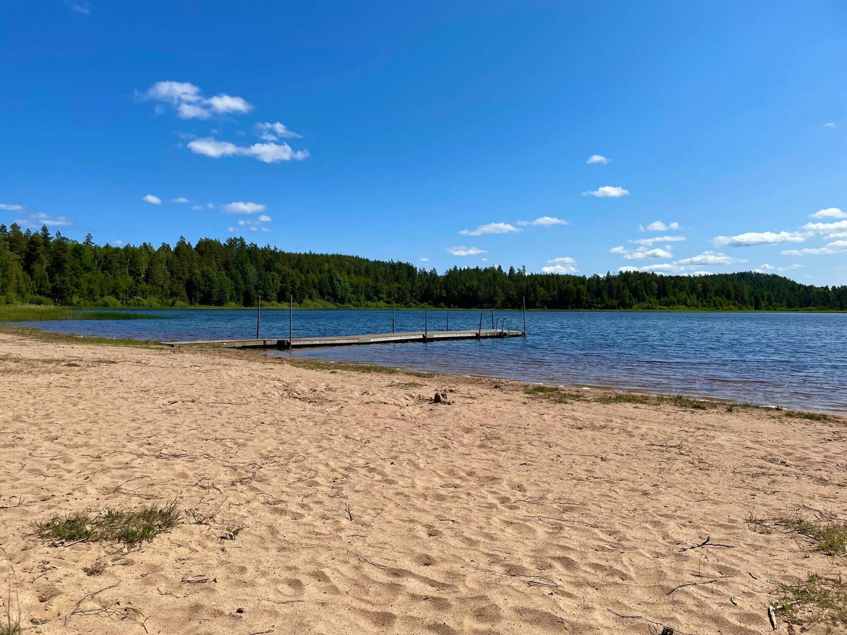 A sandy beach with a dock extending into a lake, surrounded by dense forest.