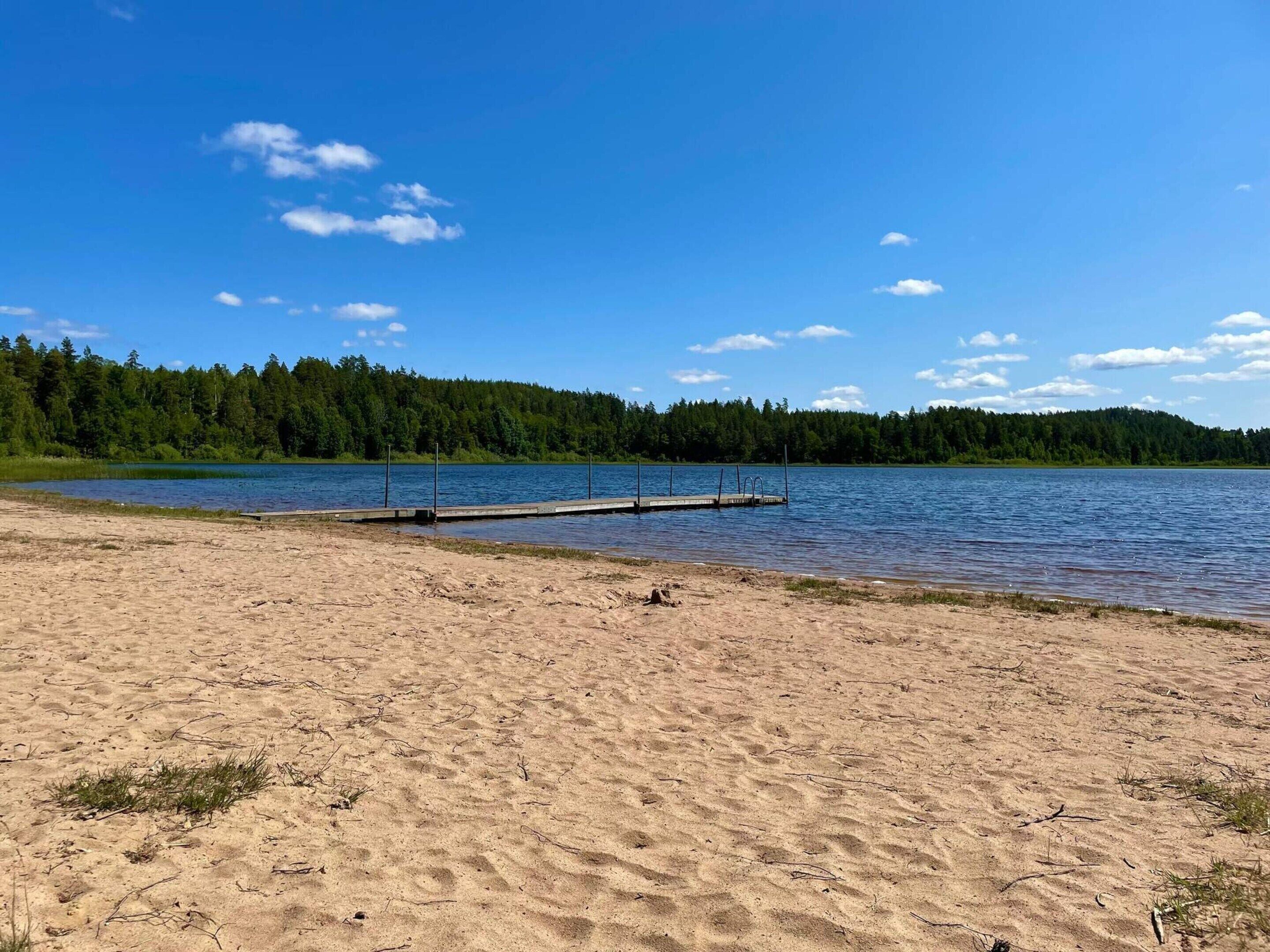 A sandy beach with a dock extending into a calm lake, surrounded by dense forest.