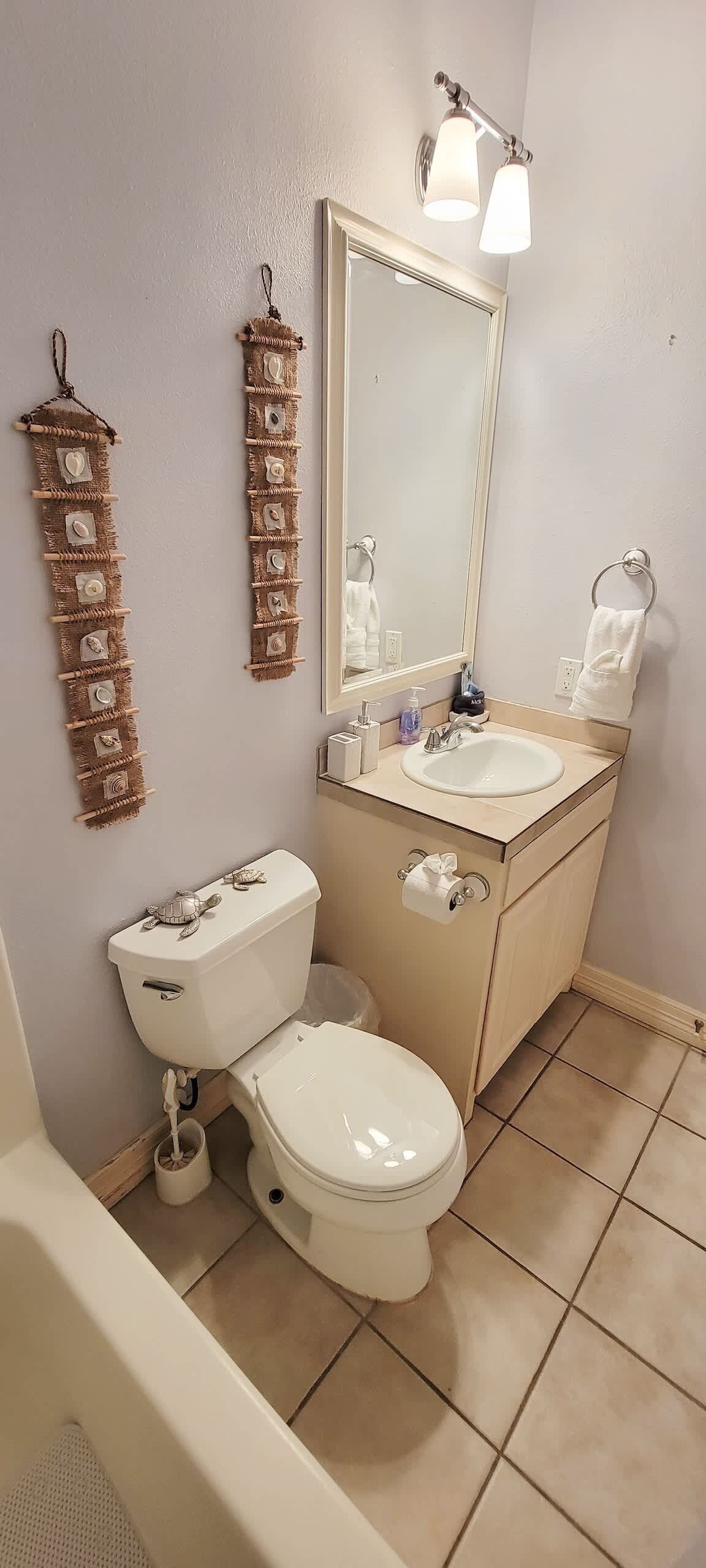 A bathroom with a toilet, sink, and mirror. There are two wall-mounted towel racks and a toilet paper holder.