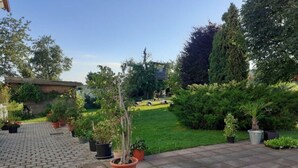 A paved patio area with potted plants and a grassy lawn in the background. - Apartment in Hergensweiler (Hergensweiler)
