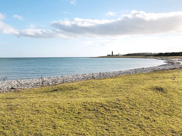 Un paysage côtier avec une zone herbeuse, une plage de galets et un phare visible au loin.