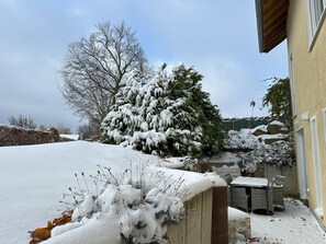 A snow-covered outdoor area with a building, a tree, and a bush.
