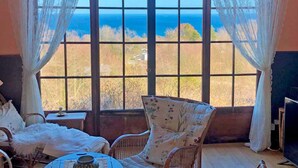 Una habitación con un ventanal grande, muebles de mimbre y una televisión.