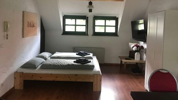 Un dormitorio con cama de madera, dos ventanas, un televisor y un radiador.