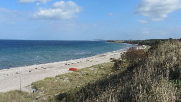 Ein Strand mit blauem Himmel, ruhiger See, grasbewachsenen Dünen und einer fernen Küste.