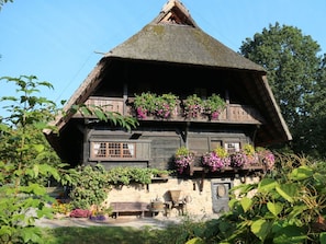 A traditional wooden house with a steeply pitched thatched roof, multiple windows, and flower boxes on the upper floor. - Apartment on the Isenmann Fruit Farm (Zell am Harmersbach)