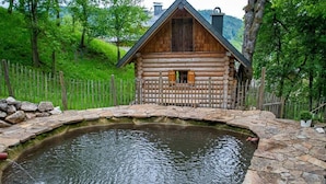 A log cabin with a stone pond in front. - Infanglalm "traunsee" (Altmuenster)