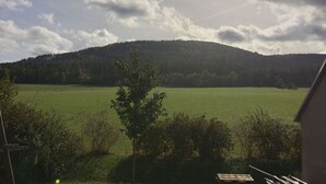 A view of a green field with a hill in the background and a building in the foreground. - Saalendorf - Holidays (Grossschoenau)