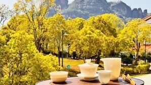 Una mesa con vajilla para té y vistas a un paisaje montañoso.