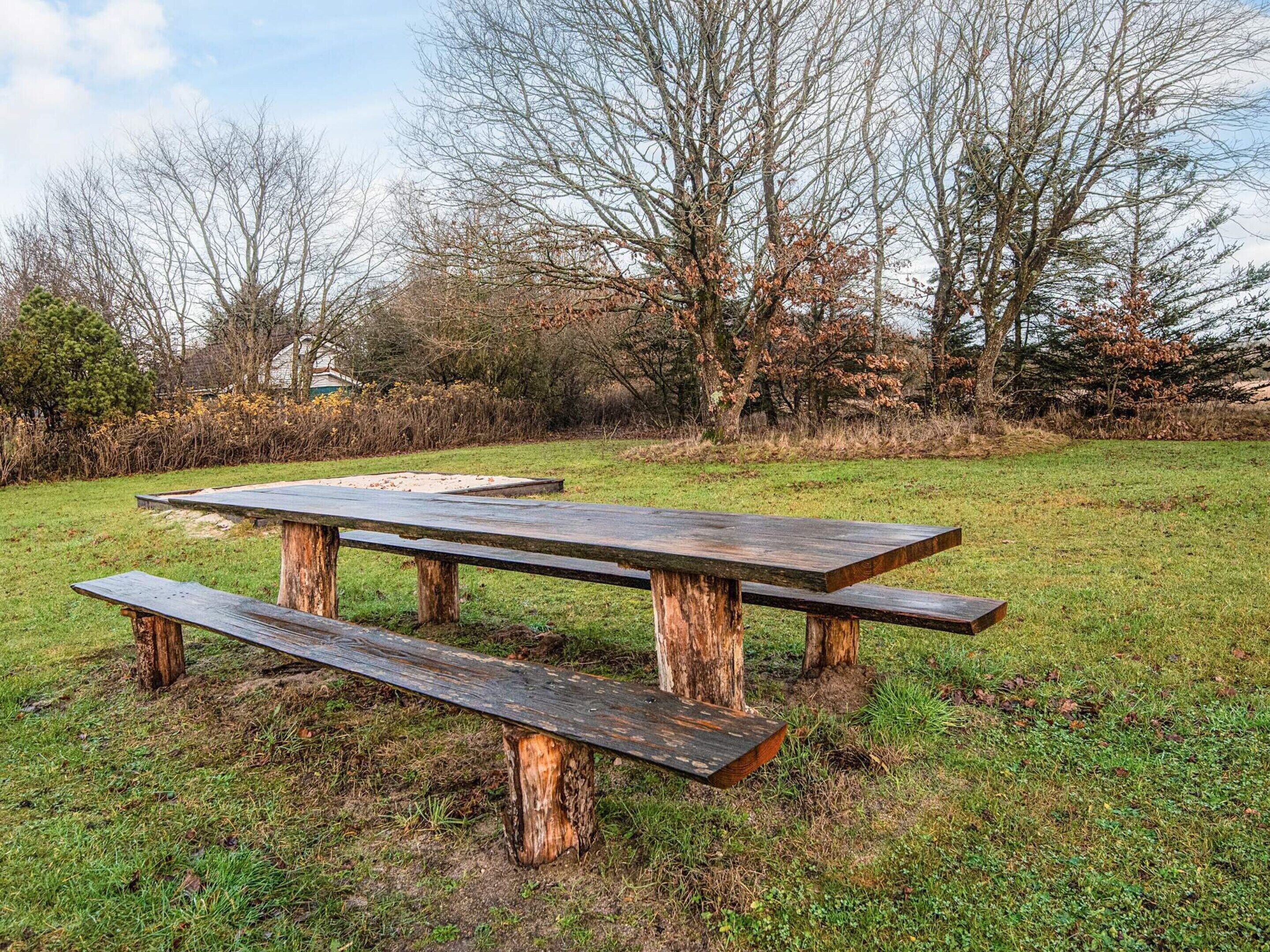 Ein Picknicktisch in einer grünen Umgebung mit Bäumen im Hintergrund.