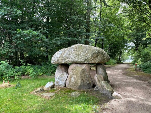 Metsäisellä alueella sijaitsee kivirakennelma, joka muistuttaa dolmenia, ja sen läpi kulkee maapolku.