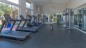 Ett gym med olika typer av konditionsmaskiner, styrketräningsutrustning och stora fönster med utsikt över omgivningarna.